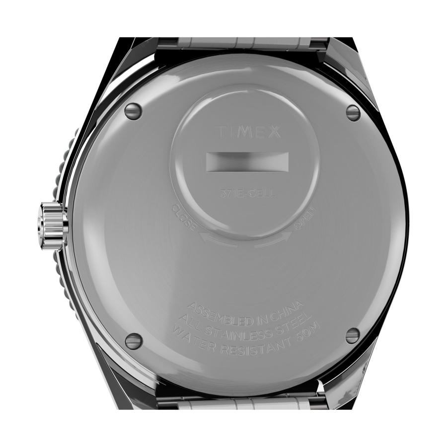 Timex Q GMT 38mm ブラックダイヤル ブルーアクセント スチールブレスレット 曜日日付 防水50mの画像