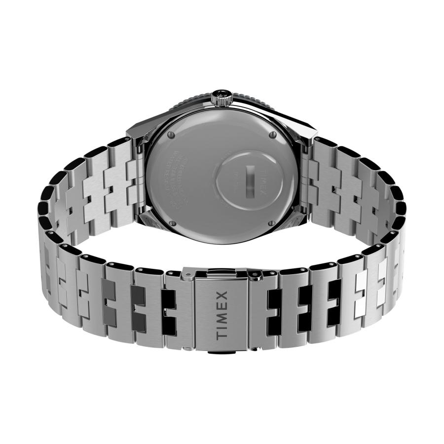 Timex Q GMT 38mm ブラックダイヤル ブルーアクセント スチールブレスレット 曜日日付 防水50mの画像