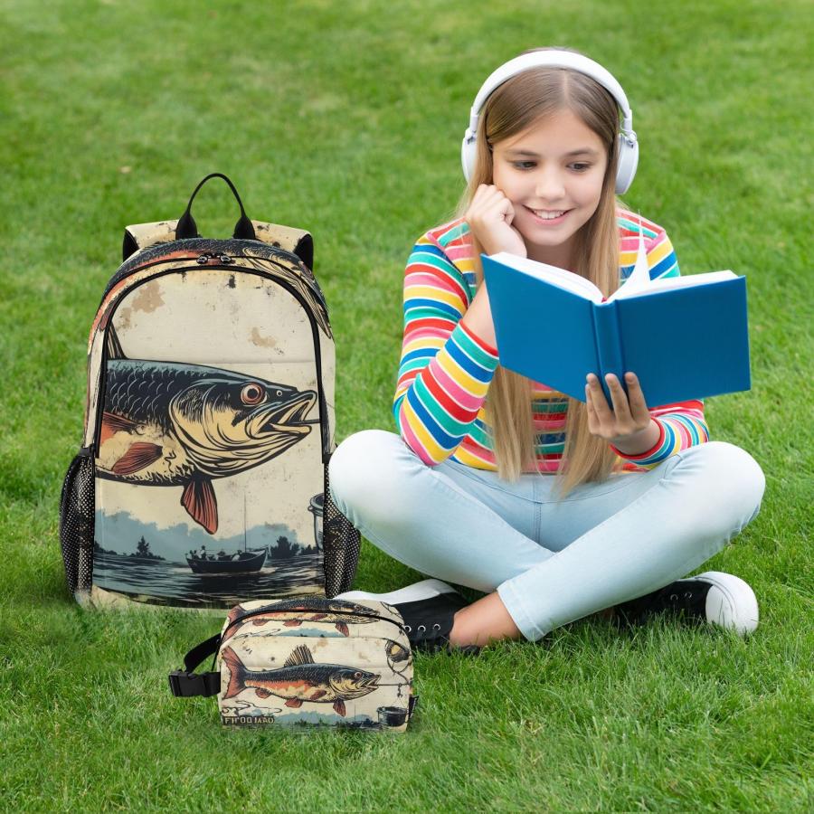 YMXFXP Trout Fishing Vintage Backpack for School Boys Girls and Teens， Backpack for Men and Women， Lightweight Bookbag with Lunch Box Travel Laptop Da_1