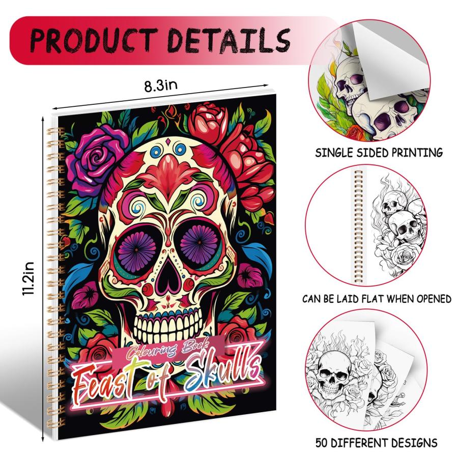 Tlenpo-Skull 塗り絵ブック 大人用 スパイラル綴じ塗り絵 マークペン 特殊画用紙 ゴシック ダークアート タトゥーデザイン ストレス解消 ハロウィンアクティビテ_2