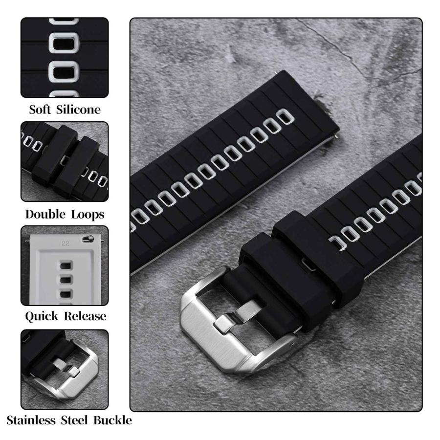 [Anbeer] 時計 ベルト 24mm ツートンカラー シリコン 腕時計 替えバンド Quick Release スポーティー ラバーバンド ブラック＆グレー シルバーバックルの画像