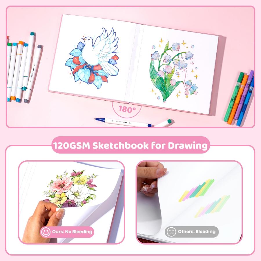 水彩スケッチブック 子供用 120ポンド/200GSM 8インチ x 8インチ 正方形 スケッチブック 描画用 ハードカバー ミディアム スケッチパッド 子供 学生 ピンク_2