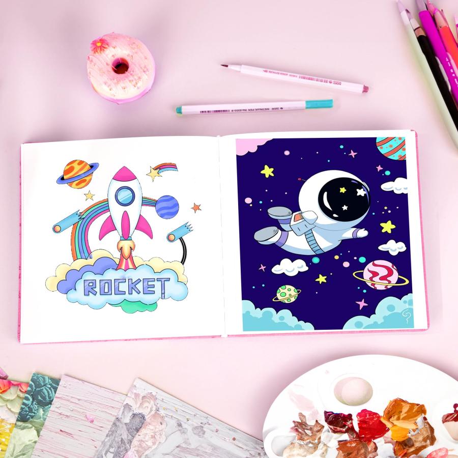 水彩スケッチブック 子供用 120ポンド/200GSM 8インチ x 8インチ 正方形 スケッチブック 描画用 ハードカバー ミディアム スケッチパッド 子供 学生 ピンク_4