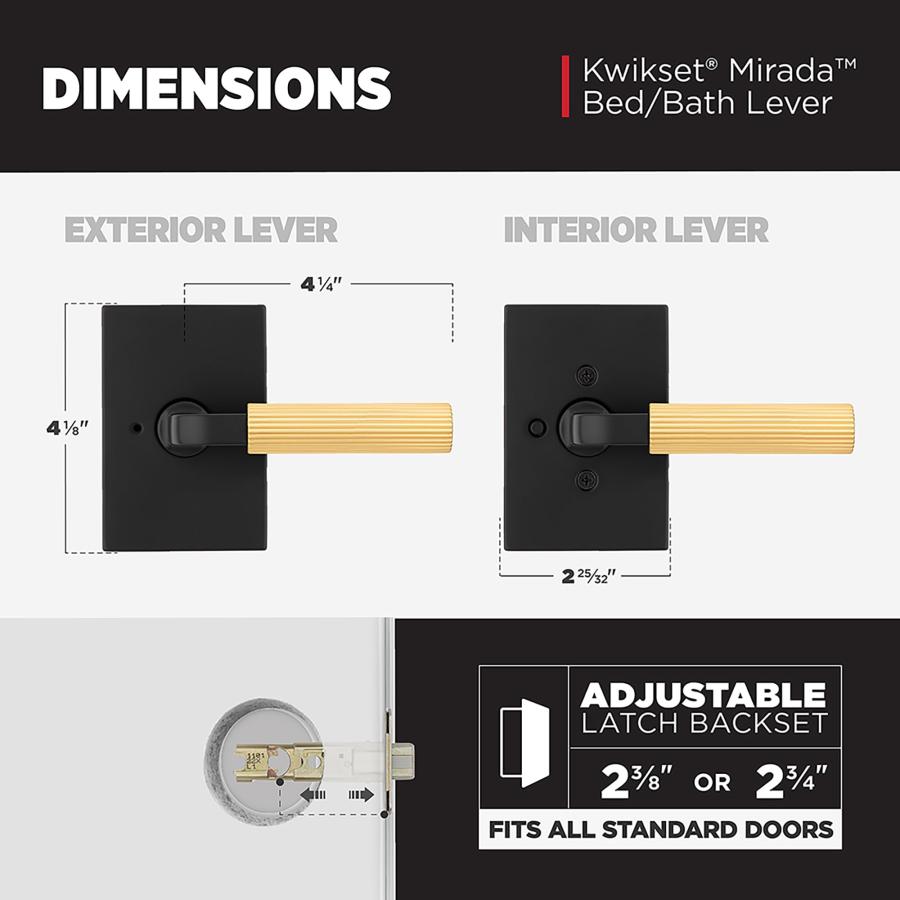 Kwikset Mirada Reededインテリアプライバシードアハンドル、ロック付き、バスルームとベッドルーム用ハンドル、マットブラックサテン真鍮、リバーシブルキーレ