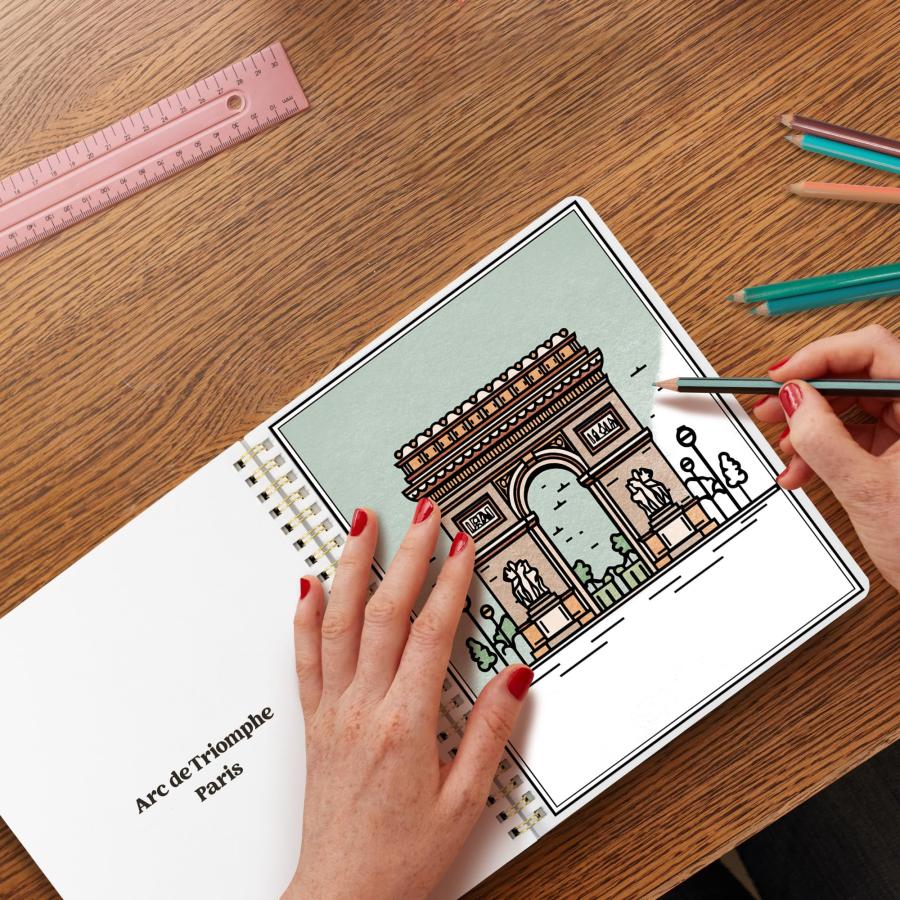 リラックスのための美しい大人の塗り絵2冊セット - 放浪癖の精神のためのインスピレーションを与える冒険と観光スポット - 女性へのストレス解消ギフトに最適_6