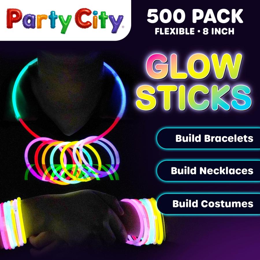 Party City (パーティーシティ) 500本入り バルクパーティーパック 8インチ - 暗闇で光るネオンパーティー用品 グロースティック コネクターブレスレット＆ネッの画像