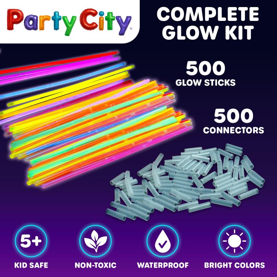 Party City (パーティーシティ) 500本入り バルクパーティーパック 8インチ - 暗闇で光るネオンパーティー用品 グロースティック コネクターブレスレット＆ネッの画像