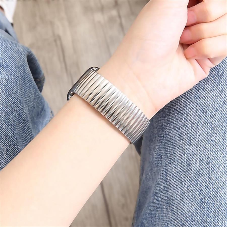 時計バンド 20mm ステンレス 伸縮 エラスティック シルバー ポリッシュ仕上げ クイック脱着 メタルブレスレット 男女兼用の画像