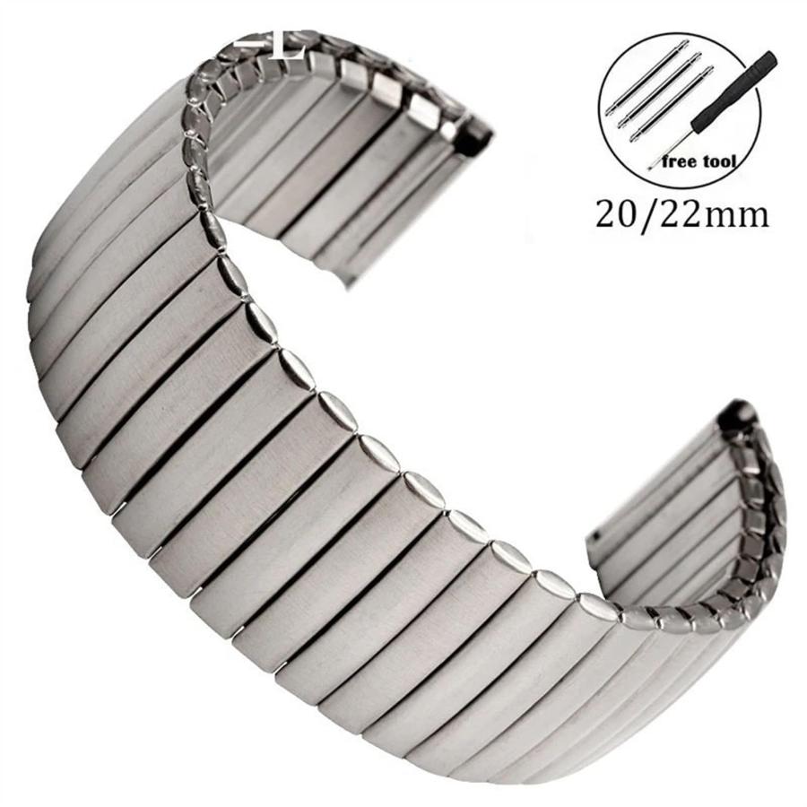 時計バンド 20mm ステンレス 伸縮 エラスティック シルバー ポリッシュ仕上げ クイック脱着 メタルブレスレット 男女兼用の画像