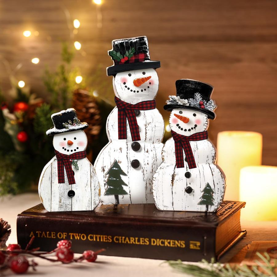 Barydat 3個 クリスマス 雪だるま 木製装飾 素朴な雪だるま テーブル センターピース ブロック サイン クリスマス ホリデー パーティー 冬 屋内 ホーム キッチンの画像