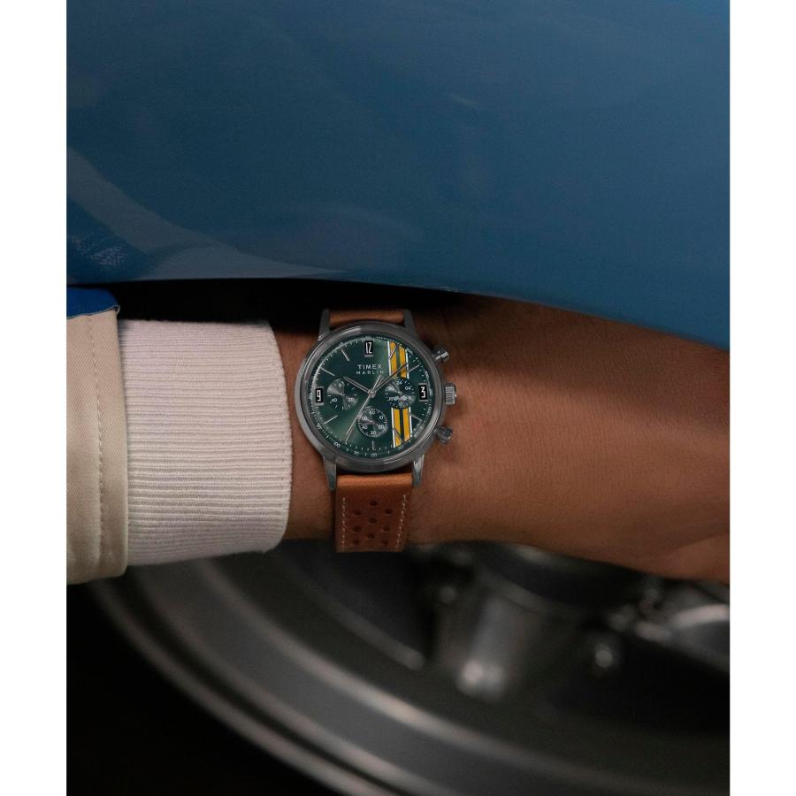 Timex マーリン 40mm メンズ腕時計 TW2W99100VQ クロノグラフ タキメーター ブラウンストラップ グリーンダイヤルの画像
