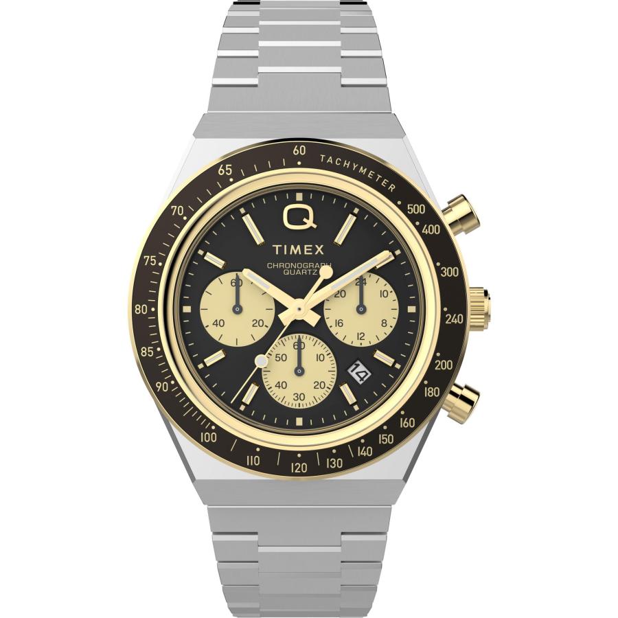 Timex Q ダイバーインスパイア 40mm メンズ腕時計 ツートーンブレスレット ブラックダイヤル ツートーンケース スポーティ