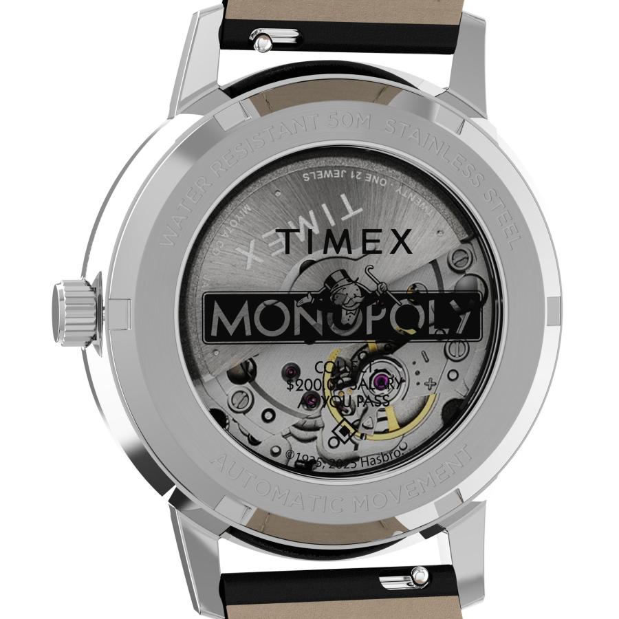 Timex Marlin モノポリー90周年記念 自動巻き 38mm ブラックレザーストラップ シルバーサンレイ文字盤 50m防水の画像