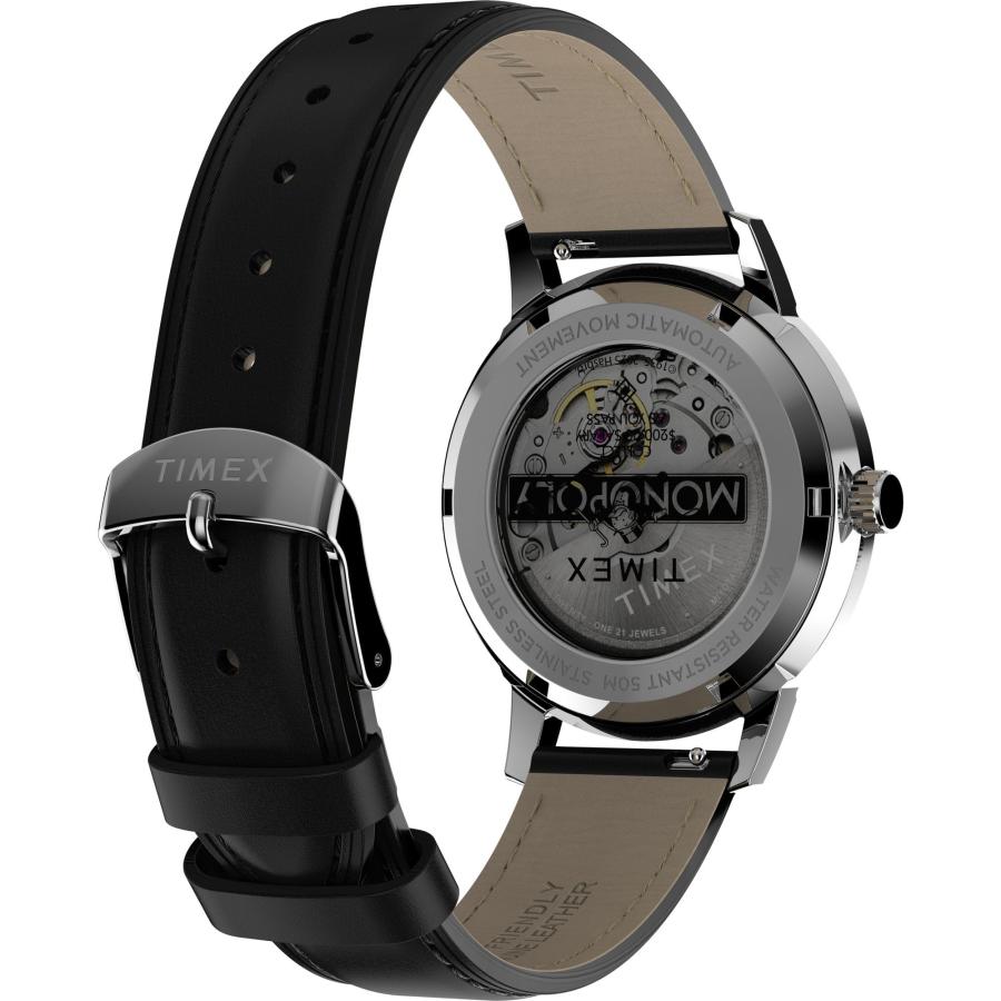 Timex Marlin モノポリー90周年記念 自動巻き 38mm ブラックレザーストラップ シルバーサンレイ文字盤 50m防水の画像