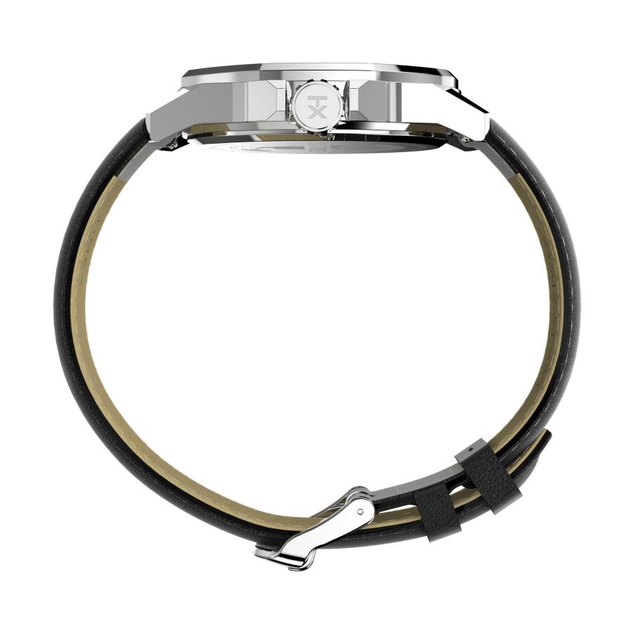 Timex Essex 46mm メンズ腕時計 ヴィーガンレザーストラップ ブラックダイヤル オクタゴナルトップリング 夜光針 デイト窓 シルバートーンケースの画像