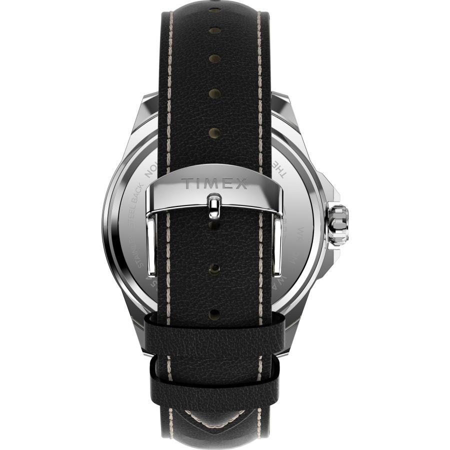 Timex Essex 46mm メンズ腕時計 ヴィーガンレザーストラップ ブラックダイヤル オクタゴナルトップリング 夜光針 デイト窓 シルバートーンケースの画像