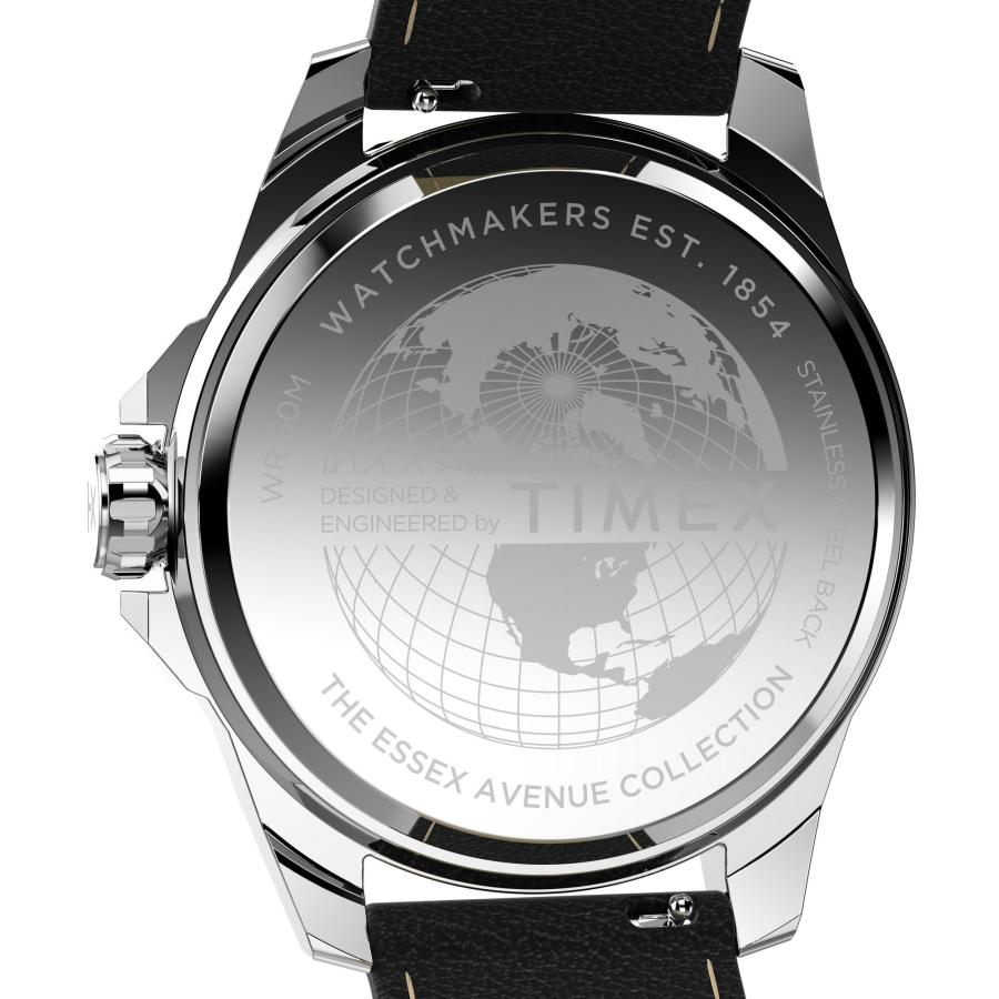 Timex Essex 46mm メンズ腕時計 ヴィーガンレザーストラップ ブラックダイヤル オクタゴナルトップリング 夜光針 デイト窓 シルバートーンケースの画像