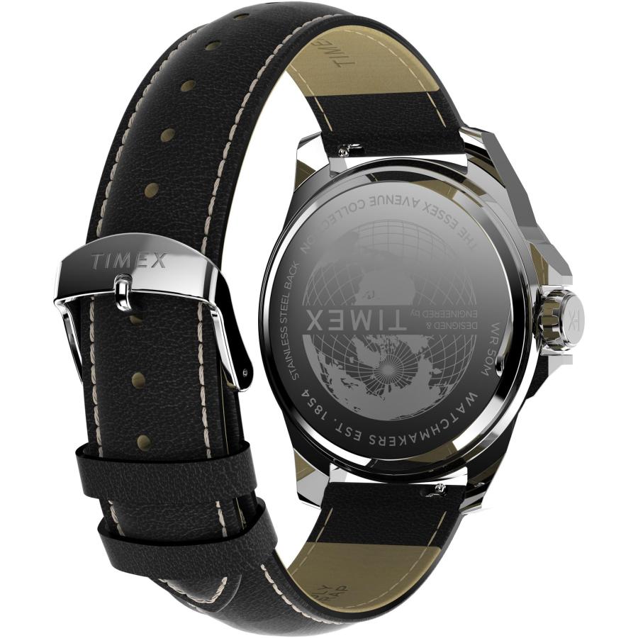 Timex Essex 46mm メンズ腕時計 ヴィーガンレザーストラップ ブラックダイヤル オクタゴナルトップリング 夜光針 デイト窓 シルバートーンケースの画像