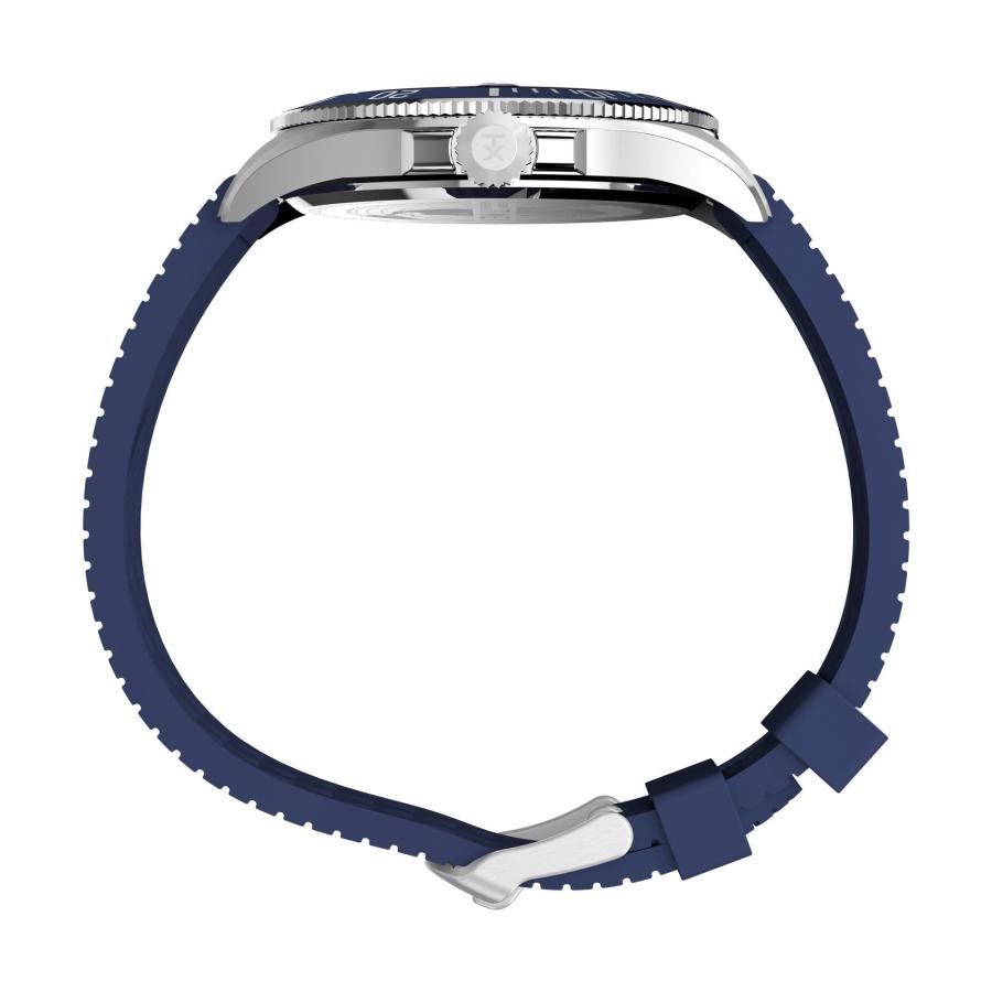 Timex ハーバーサイドコースト 43mm メンズ腕時計 ブラックストラップ ブルーダイヤル シルバートーンケース 一方向回転ベゼルの画像