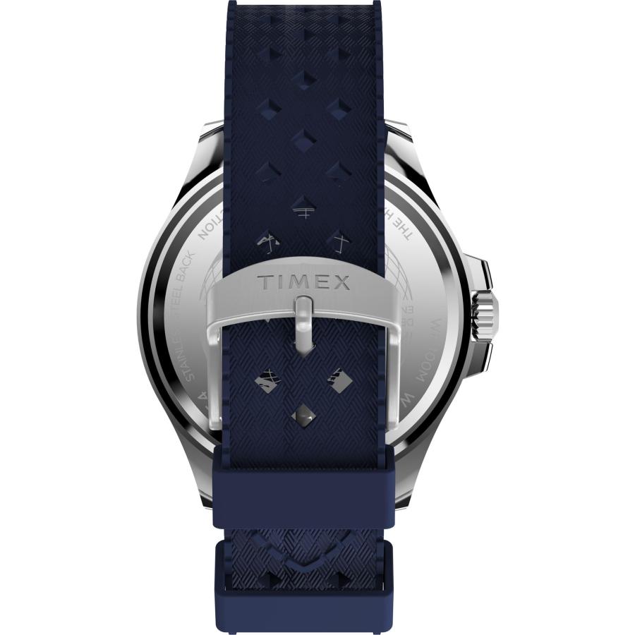 Timex ハーバーサイドコースト 43mm メンズ腕時計 ブラックストラップ ブルーダイヤル シルバートーンケース 一方向回転ベゼルの画像