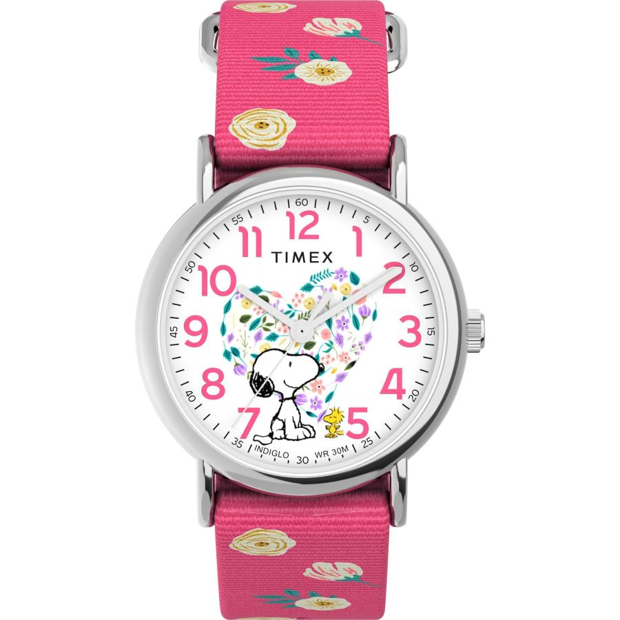 Timex レディース ピーナッツ ウィークエンダー フローラル 38mm 腕時計 - ピンクストラップ ホワイトダイヤル シルバートーンケース