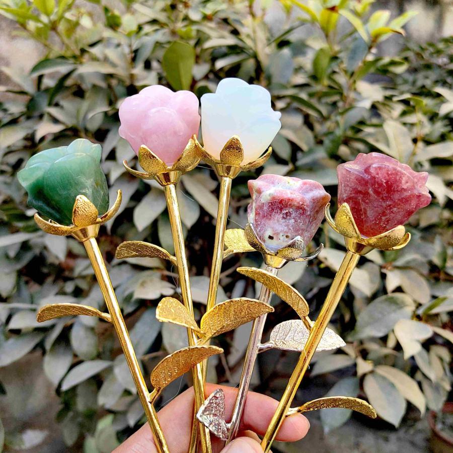 Beautiful Crystal Rose Flower Ornament with Healing Carved Crystal， for Girlfriend， Mom or Valentine's Day Home Decoration (Little Silver Pole，Strawbe_5