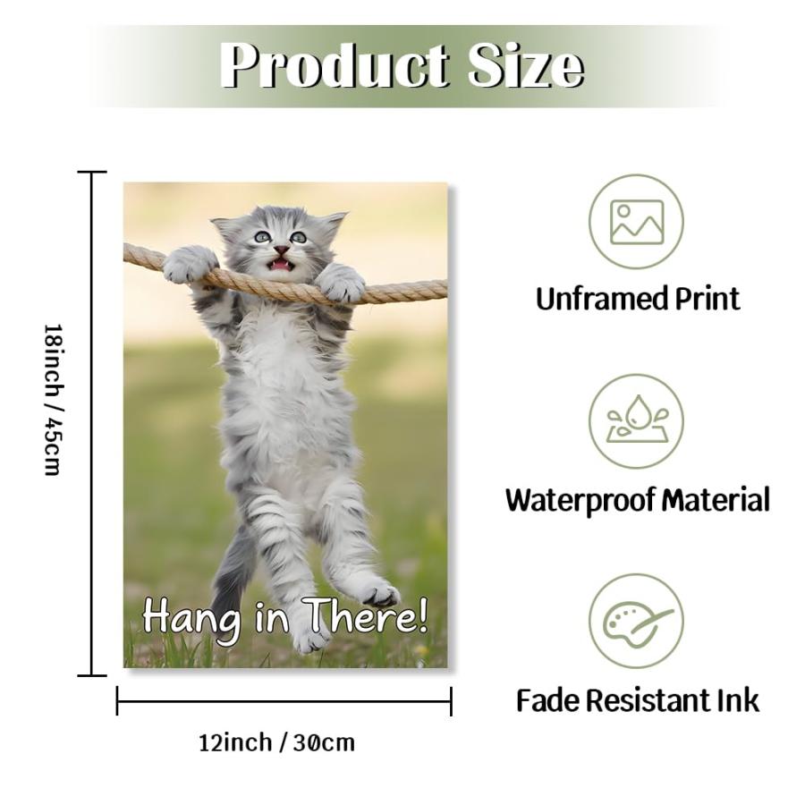 Hang in There Cat ポスター 18x12インチ モチベーションを高めるポスター インスピレーション 励まし ウォールポスター 面白い 子猫 動物 かわいいポスター プ