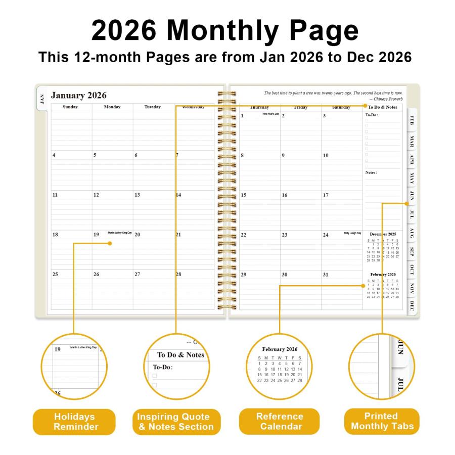 【2026年】手帳 2026年1月~2026年12月 ウィークリー＆マンスリー手帳 スパイラル綴じ12ヶ月タブ インナーポケット 8.5インチ x 11インチ ベージュ_2