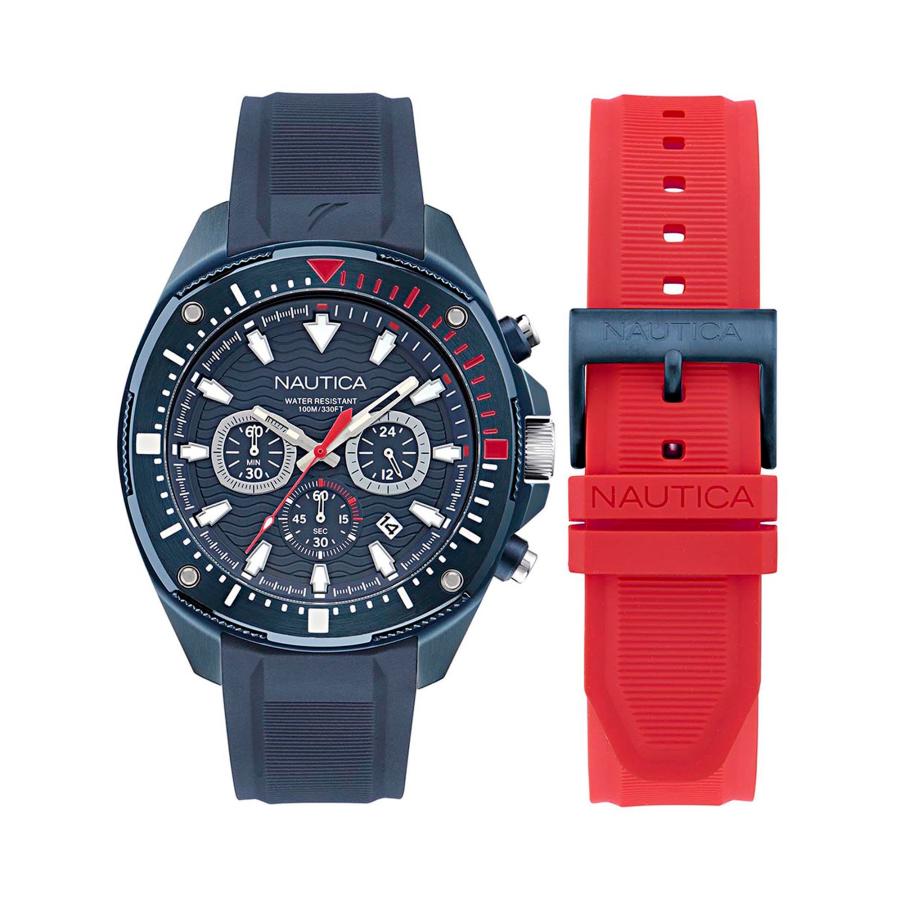 Nautica NCT BLUESAIL 46mm メンズ腕時計 ブルー＆レッドシリコンストラップ ブルーダイヤル クロノグラフ 夜光 NAPBSF503の画像
