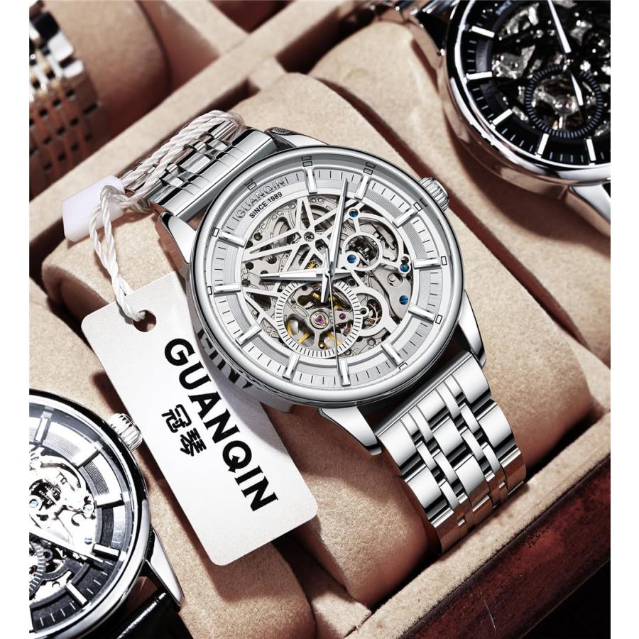 GUANQIN Vintage Men Skeleton Automatic Self-Wind Mechanical Wrist Watch Sapphire Business Double-Sided Hollow Waterproof Luminous Clock Leather or Staの画像