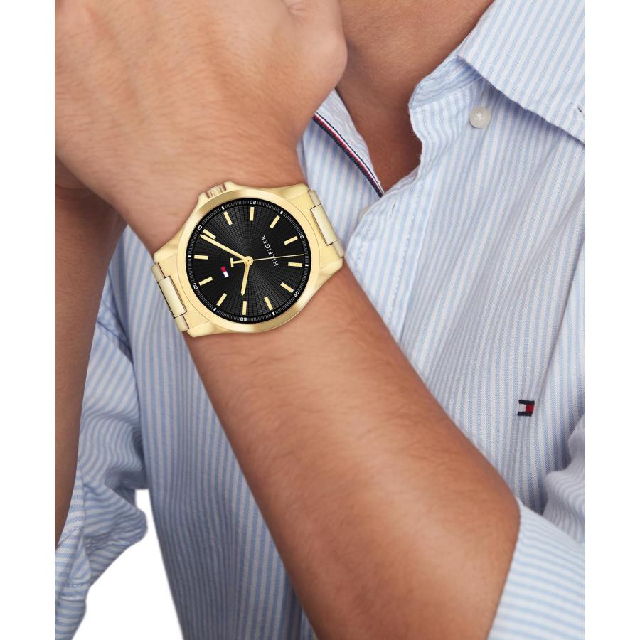 Tommy Hilfiger メンズ腕時計 3針クォーツ 42mm ブラック文字盤 ゴールドケース ブラックリンクブレスレットの画像