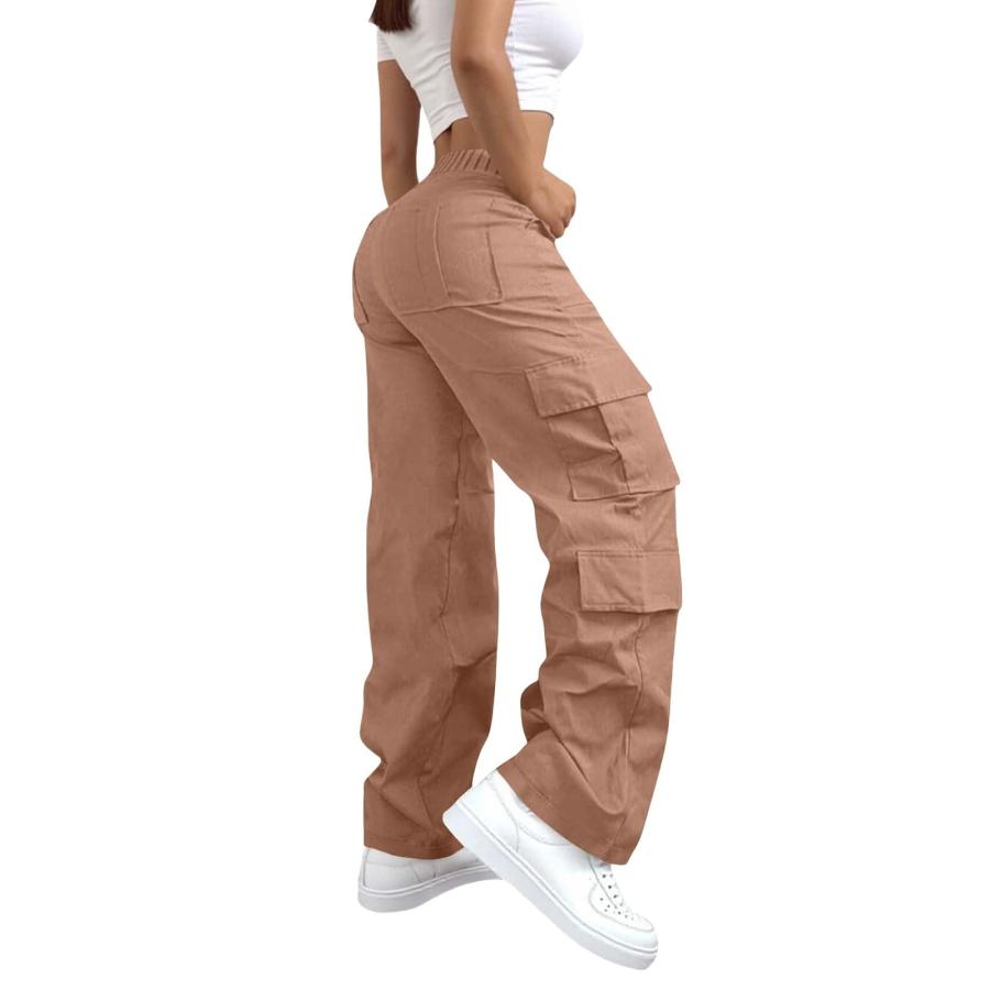 Plus Size Cotton Cargo Pants for Women Elastic High Waist Travel Pant Wide Leg Baggy Casual Stretch Trousers Hiking Streetwear with Multi-Pockets Spriの画像