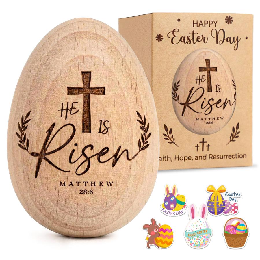 イースター 木製卵 He Is Risen 彫刻 復活 キリスト教 卓上飾り