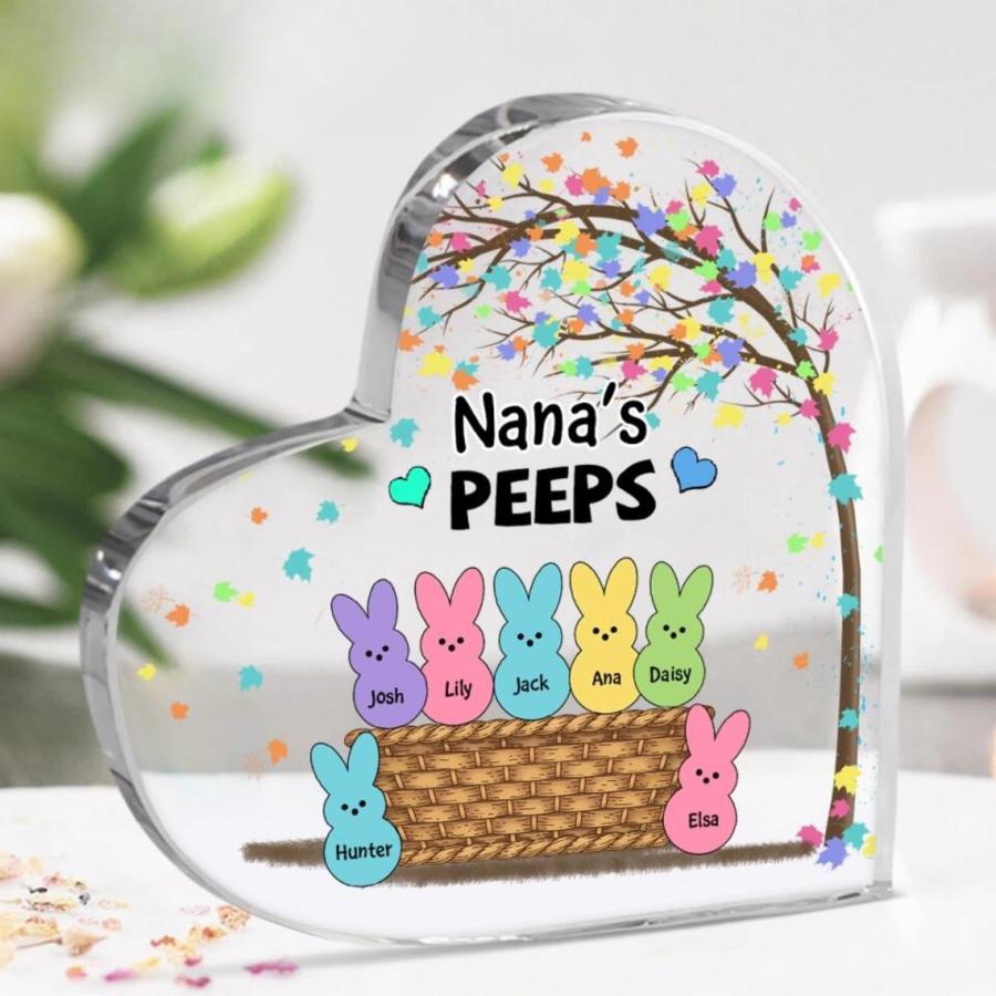 Nana's Peeps with Kid's Names Personalized Acrylic Heart Plaques， Nana Peeps Bunnies Easter Home Decorations， Easter Day Custom Gifts for Grandma ＆ G_2