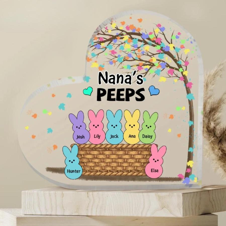 Nana's Peeps with Kid's Names Personalized Acrylic Heart Plaques， Nana Peeps Bunnies Easter Home Decorations， Easter Day Custom Gifts for Grandma ＆ G_3