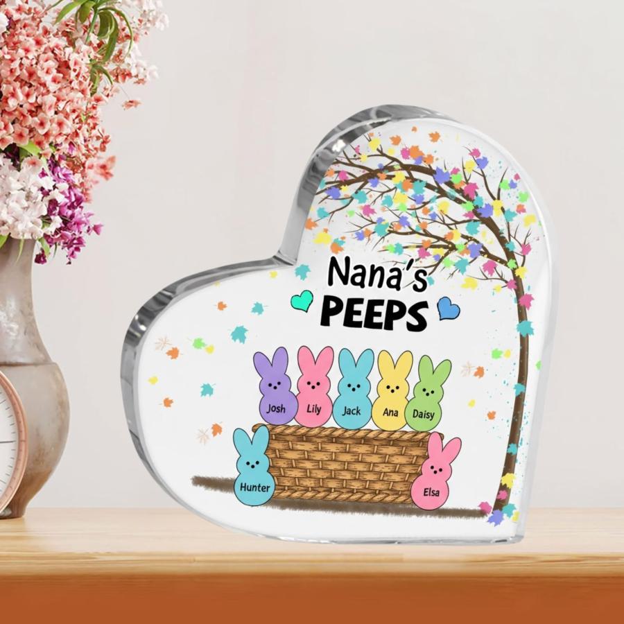 Nana's Peeps with Kid's Names Personalized Acrylic Heart Plaques， Nana Peeps Bunnies Easter Home Decorations， Easter Day Custom Gifts for Grandma ＆ G_4
