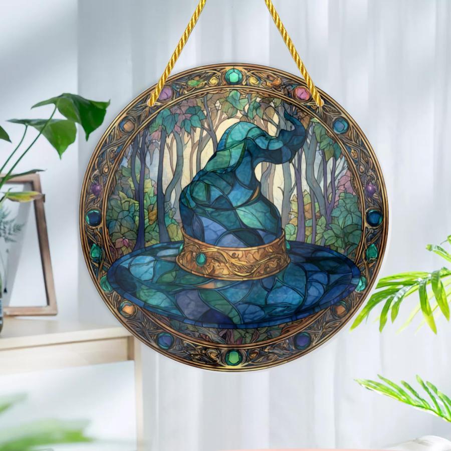 Vextrovia Whimsical Witch Hat Woodland Round Stained Glass Window hangings， Acrylic Ornaments Suncatcher Wall Art Decor， Cozy Atmosphere for Cottageco_1
