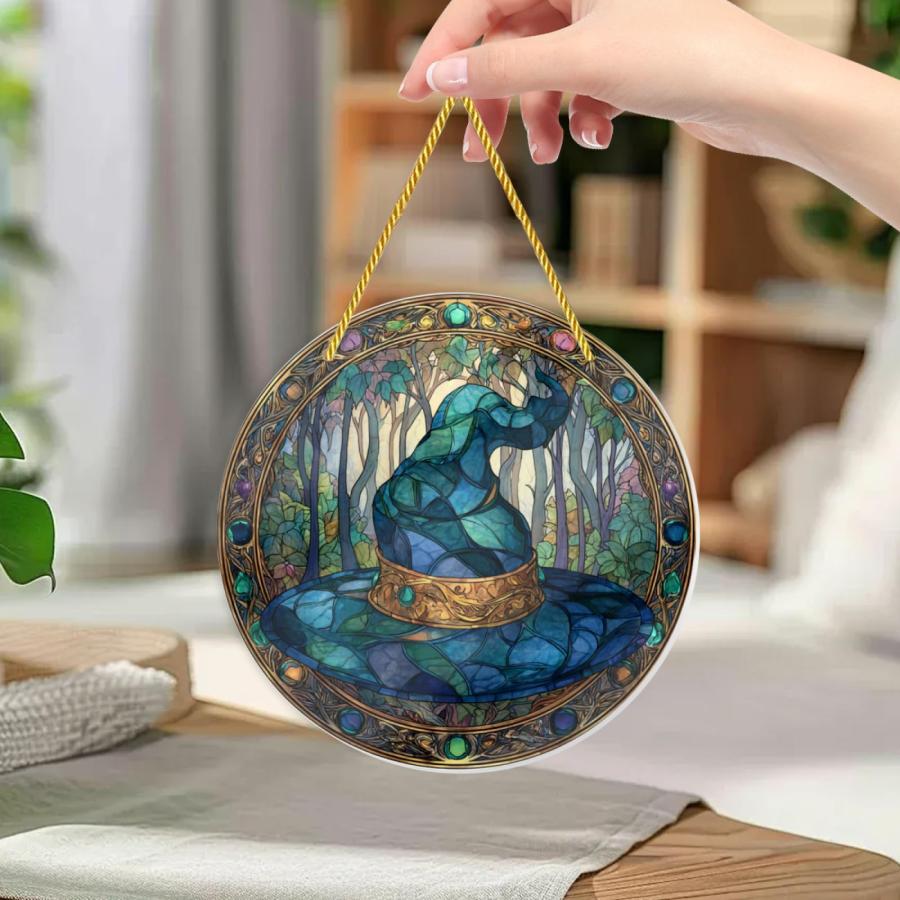 Vextrovia Whimsical Witch Hat Woodland Round Stained Glass Window hangings， Acrylic Ornaments Suncatcher Wall Art Decor， Cozy Atmosphere for Cottageco_2