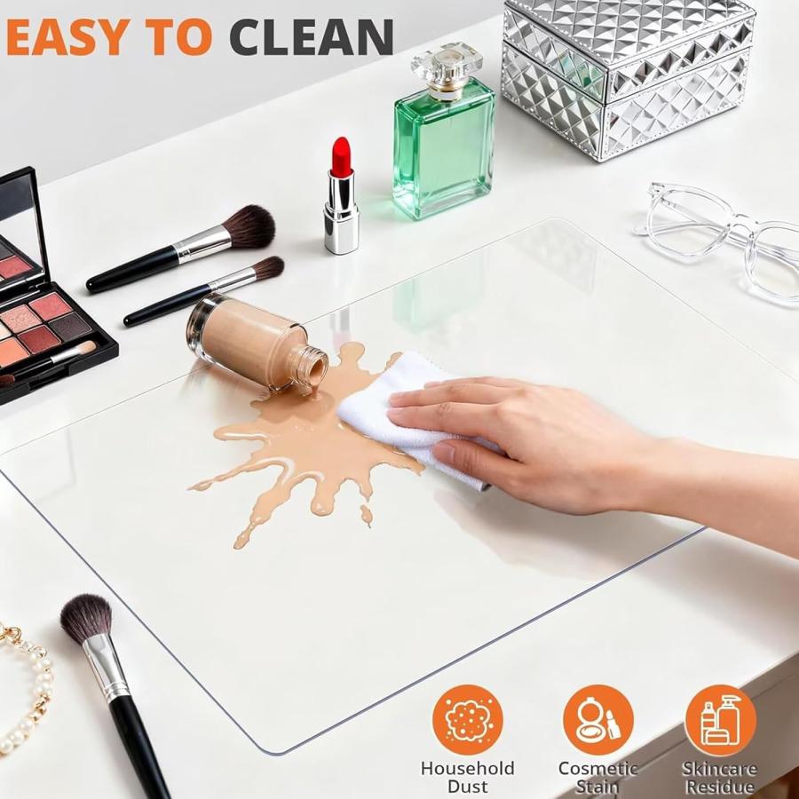 AHWEKR Clear Makeup Mat for Vanity， 18in x 57in，2MM Heat Resistant Clear Desk Mat， Easy to Clean Water Vanity Protector Mat， Portable Makeup Accessori_1
