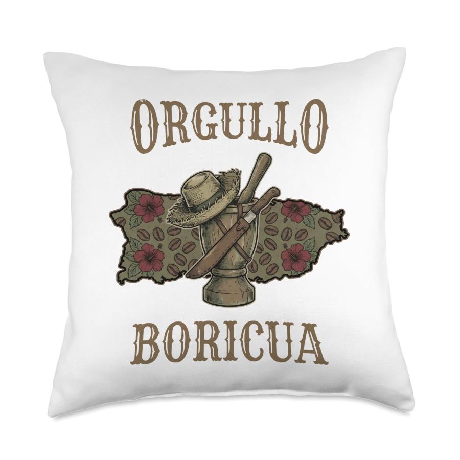 Orgullo Boricua Puerto Rico Pilon Coffee Jibaro Hat Vintage Throw Pillow