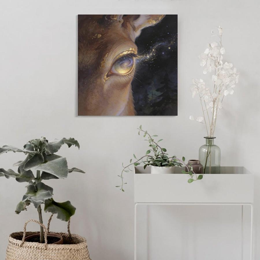 BOAMDLEOLLO Surreal Stag Canvas Print, Close-up Deer with Swirling Galaxy Eye ＆ Gold Leaf Highlights, Mystical Wildlife Painting, Contemporary Celestの画像