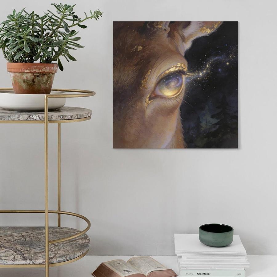 BOAMDLEOLLO Surreal Stag Canvas Print, Close-up Deer with Swirling Galaxy Eye ＆ Gold Leaf Highlights, Mystical Wildlife Painting, Contemporary Celestの画像