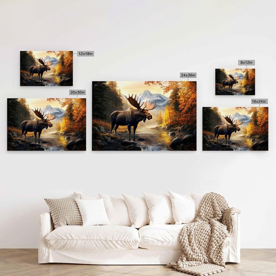 Vintage Wildlife Elk Deer Moose by The River Canvas Painting Art Print Home Wall Decor for Living Room Bedroom Elegant Wall Art Poster 08x12inch(20x30の画像