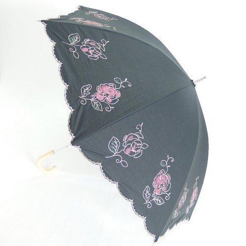 SHIBATA シバタ 晴雨兼用傘 レディース 日傘 雨傘 中棒スライドショート傘 T/C ぼかし花 プリント傘 クロ