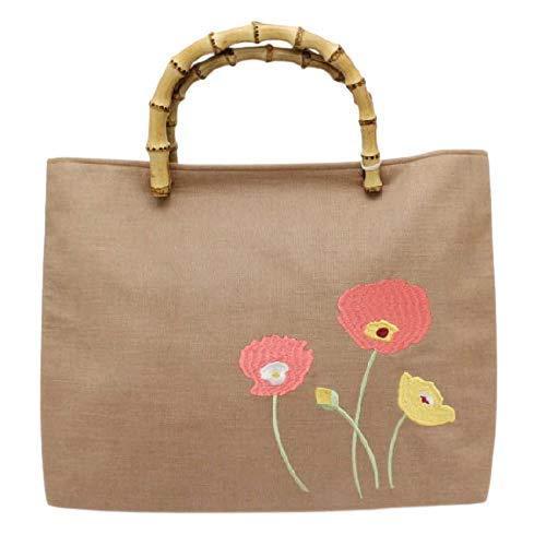 きもの京香 麻バッグ レディース 大きい 手提げ カジュアル トート 浴衣 夏用 女性用 ベージュ 茶 刺繍 婦人物 着物 和装