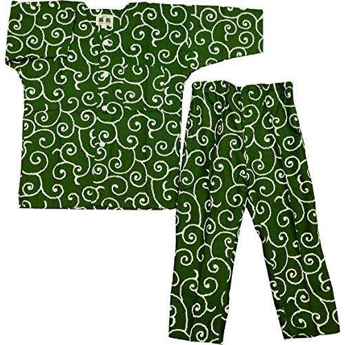 唐草・からくさ・渋抹茶緑 義若オリジナル子供鯉口シャツ上下セット ７号サイズ（１４０）