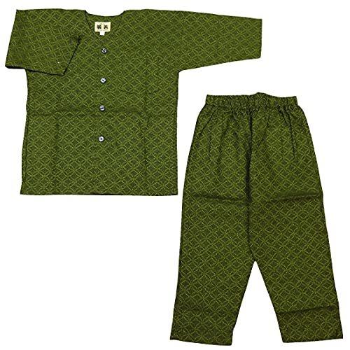 七宝織り・抹茶緑 義若オリジナル子供鯉口シャツ上下セット ７号サイズ（１４０）