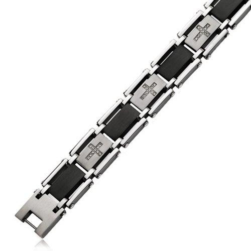【並行輸入品】ステンレススチール、ブラックリンクとダイヤモンドクロスブレスレット The Black Bow Men's Stainless S_1