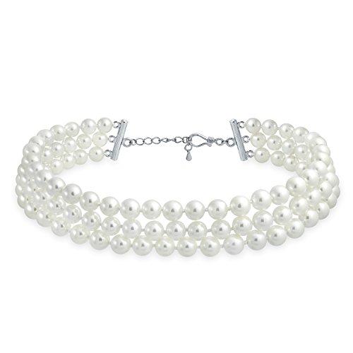 【並行輸入品】[Bling Jewelry] 「ブライダルハンドノット3列ワイドホワイトシミュレートパールストランドチョーカーカラーネックレス、の画像