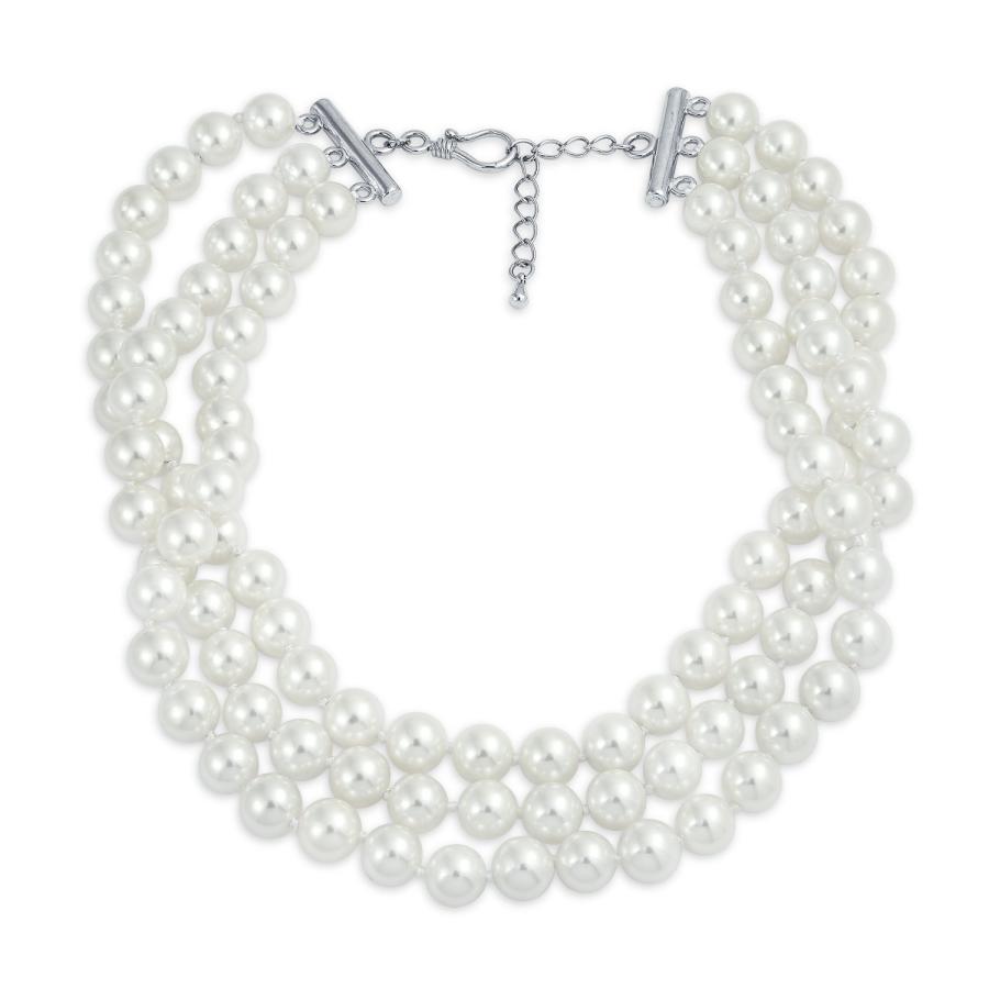 【並行輸入品】[Bling Jewelry] 「ブライダルハンドノット3列ワイドホワイトシミュレートパールストランドチョーカーカラーネックレス、の画像